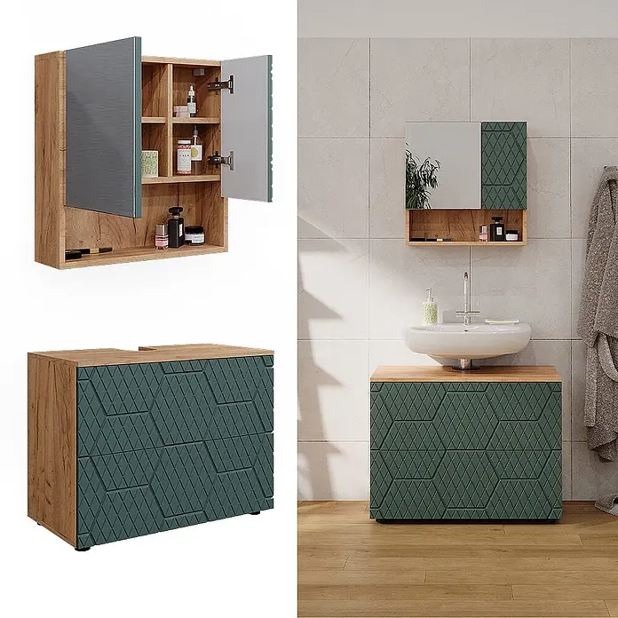 Vicco Badmöbel-Set Irma Grün/Goldkraft Eiche 2 Teile - Gesamtbreite Badmöbel: 80 cm, Grün, Matt - Badezimmer-Set: Holzoptik-Waschtisch mit grünen geometrischen Schubladen und Spiegelschrank mit Spiegeltüren.