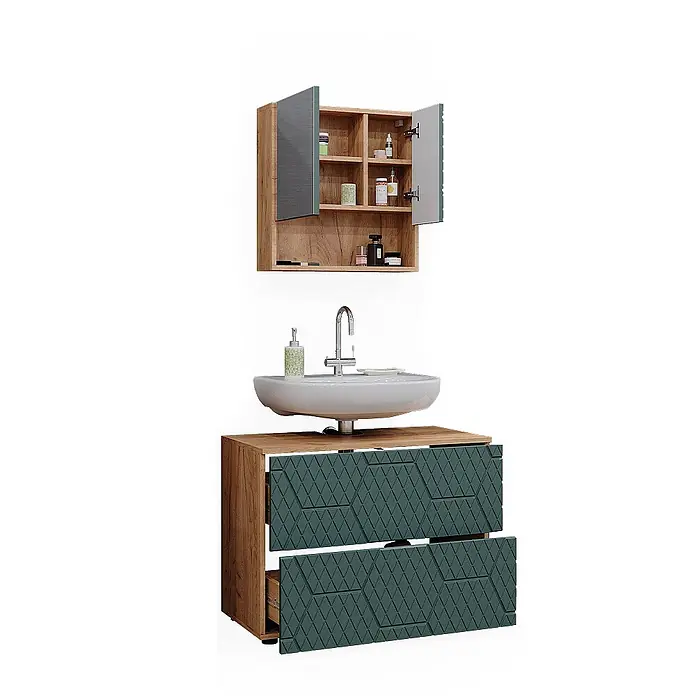 Vicco Badmöbel-Set Irma Grün/Goldkraft Eiche 2 Teile - Gesamtbreite Badmöbel: 80 cm, Grün, Matt - Badmöbel in Holzoptik mit weißem Aufsatzwaschbecken, Chromarmatur und dunkelgrünen strukturierten Schubladenfronten. Passender Wandschrank mit Spiegeltüren.