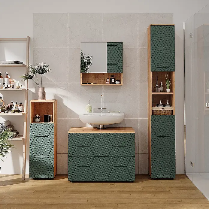 Vicco Badmöbel-Set Irma Grün 4 Teile, mit Schubladenschrank und Hochschrank - Gesamtbreite Badmöbel: 140 cm, Grün, Matt - Grüne strukturierte Badmöbelgarnitur mit Naturholz-Akzenten, bestehend aus Waschtischunterschrank, Hochschrank und Aufbewahrungseinheiten.