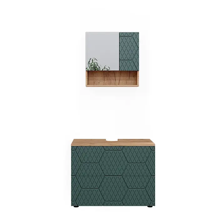 Vicco Badmöbel-Set Irma Grün/Goldkraft Eiche 2 Teile - Gesamtbreite Badmöbel: 80 cm, Grün, Matt - Grünes Badmöbel-Set mit Rautenmuster und Holzdetails, bestehend aus Spiegelschrank und Unterschrank.