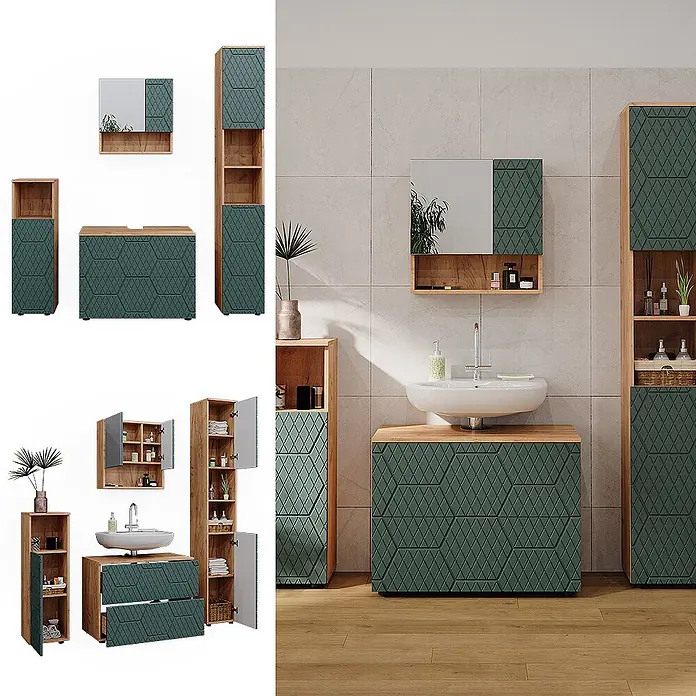 Vicco Badmöbel-Set Irma Grün 4 Teile, mit Schubladenschrank und Hochschrank - Gesamtbreite Badmöbel: 140 cm, Grün, Matt - Badezimmermöbel-Set mit dunkelgrünen geometrischen Fronten und hellen Holzrahmen, inkl. Waschtisch, Hochschränken und Spiegelschrank.