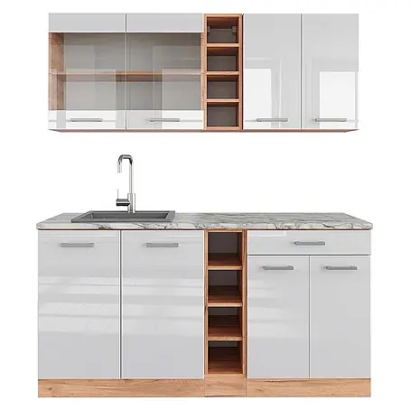 Vicco  Singleküche R-Line Weiß Hochglanz/Goldkraft Eiche, AP Marmor