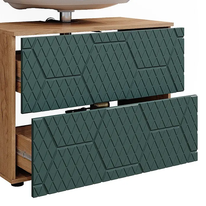 Vicco Badmöbel-Set Irma Grün 4 Teile, mit Schubladenschrank und Midischrank - Gesamtbreite Badmöbel: 110 cm, Grün, Matt - Holzwaschtischunterschrank mit zwei teilweise geöffneten, dunkelblauen Schubladen mit geometrischem Rautenmuster. Ein Waschbecken ist oben sichtbar.
