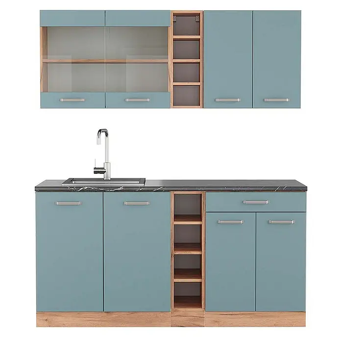 Vicco Singleküche R-Line Blau-Grau/Goldkraft Eiche, AP Anthrazit - Breite: 160 cm, Blau-Grau, Mit AP Anthrazit - Blaue-grüne Küchenschränke mit Naturholz-Akzenten, dunkler Arbeitsplatte und integrierter Spüle.
