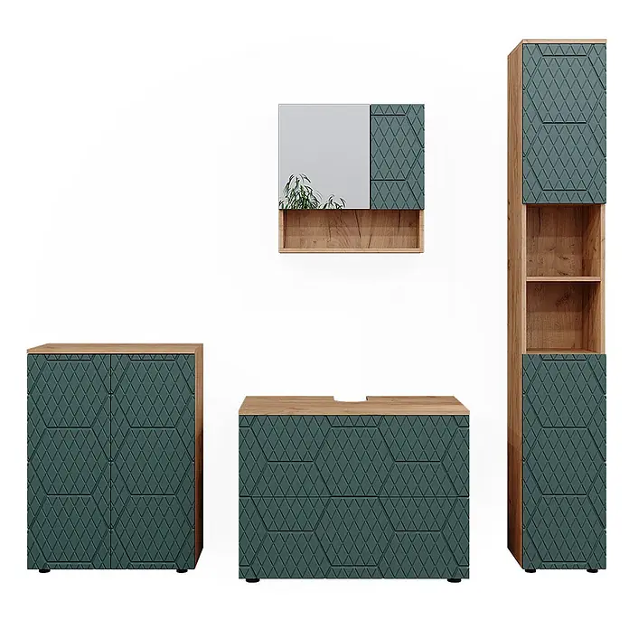 Vicco Badmöbel-Set Irma Grün 4 Teile, mit Schubladenschrank und Midischrank - Gesamtbreite Badmöbel: 110 cm, Grün, Matt - Modernes Badmöbel-Set mit Holzoptik und dunkelgrünen Fronten mit Rautenmuster, inklusive Hoch-, Waschtisch-, Seiten- und Spiegelschränken.