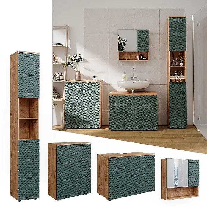 Vicco Badmöbel-Set Irma Grün 4 Teile, mit Schubladenschrank und Midischrank - Gesamtbreite Badmöbel: 110 cm, Grün, Matt - Badezimmermöbel-Set mit Holzdekorrahmen und dunkelgrünen Fronten mit Rautenmuster, inkl. Hochschränken, Waschbeckenunterschrank und Spiegelschrank.