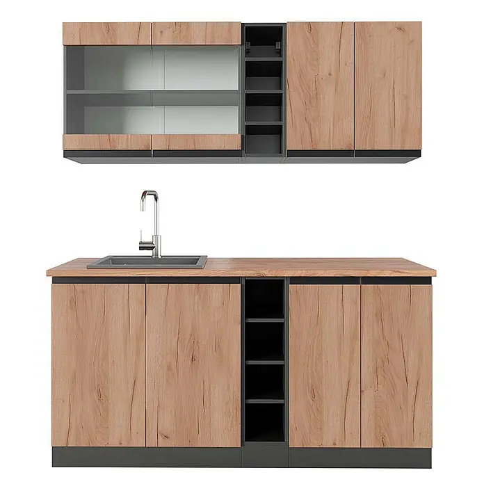Vicco Singleküche R-Line Goldkraft Eiche/Anthrazit J-Shape, AP Eiche - Goldkraft Eiche, Mit AP Eiche - Moderne Küchenzeile mit Holzoptikfronten, dunkelgrauen Elementen, Glastüren und Spüle.