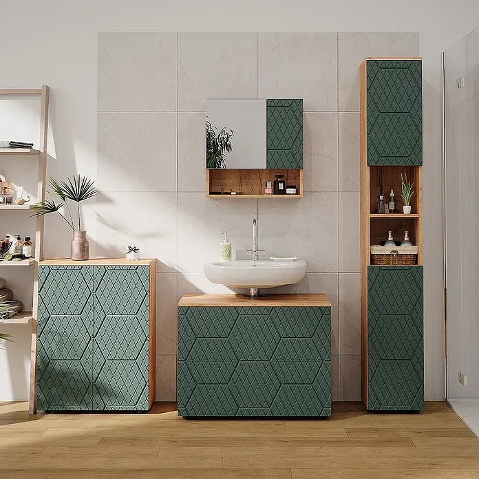 Vicco Badmöbel-Set Irma Grün 4 Teile, mit Schubladenschrank und Midischrank - Gesamtbreite Badmöbel: 110 cm, Grün, Matt - Modernes Badmöbelset mit dunkelgrünen rautenförmigen Fronten und hellen Holzrahmen, bestehend aus Waschtisch, Hochschrank und Spiegelschrank.