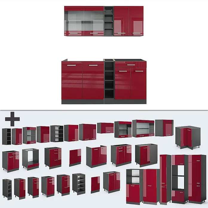 Vicco Singleküche R-Line Rot Hochglanz/Anthrazit, AP Anthrazit - Rot Hochglanz, Mit AP Anthrazit - Modulares Küchenschranksystem mit glänzend roten Fronten und grauen Rahmen, verschiedene Wand- und Unterschränke zeigend.