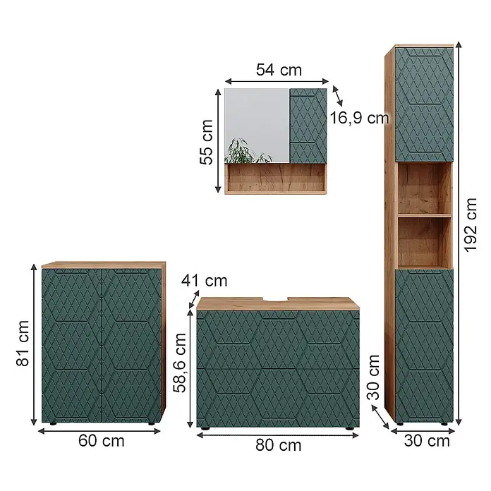 Vicco Badmöbel-Set Irma Grün 4 Teile, mit Schubladenschrank und Midischrank - Gesamtbreite Badmöbel: 110 cm, Grün, Matt - Dunkelgrünes Badmöbelset mit geometrischem Muster und hellen Holzakzenten: Hochschrank, Waschtischunterschrank, Schrank und Spiegel mit Maßen.