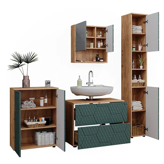 Vicco Badmöbel-Set Irma Grün 4 Teile, mit Schubladenschrank und Midischrank - Gesamtbreite Badmöbel: 110 cm, Grün, Matt - Badmöbelset in heller Holzoptik mit dunkelgrün gemusterten Fronten, bestehend aus Waschtisch, Hochschrank, Seitenschrank und Spiegelschrank.