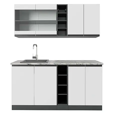 Vicco  Singleküche R-Line Weiß/Anthrazit J-Shape, AP Marmor