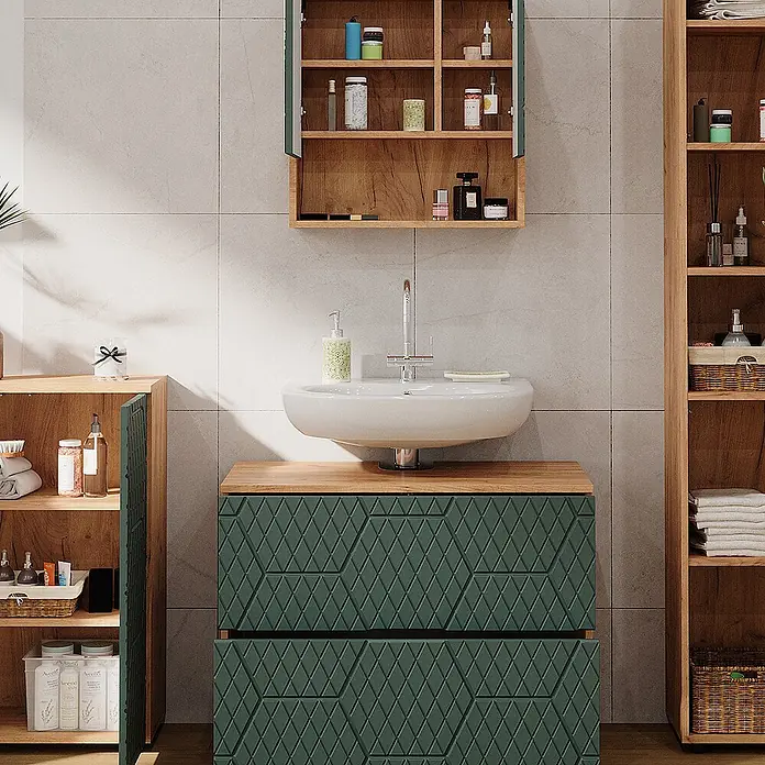 Vicco Badmöbel-Set Irma Grün 4 Teile, mit Schubladenschrank und Midischrank - Gesamtbreite Badmöbel: 110 cm, Grün, Matt - Dunkelgrüner Badunterschrank mit geometrisch gemusterten Schubladen unter weißem Waschbecken und Holzarbeitsplatte.