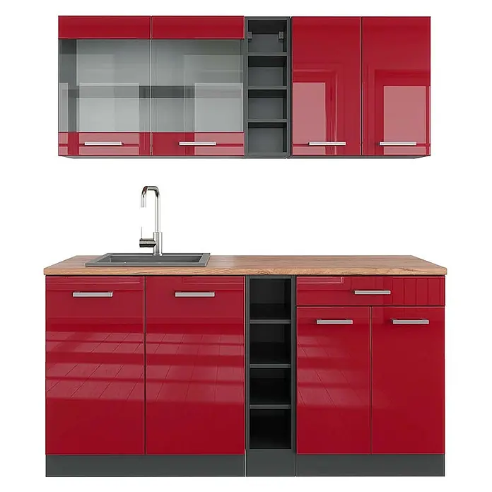 Vicco Singleküche R-Line Rot Hochglanz/Anthrazit, AP Eiche - Breite: 160 cm, Rot Hochglanz, Mit AP Eiche - Moderne rote Hochglanzküche mit Holzarbeitsplatte, Spüle und integrierten Regalen.