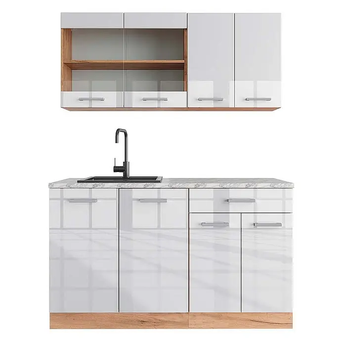 Vicco Singleküche R-Line Weiß Hochglanz/Goldkraft Eiche, AP Marmor - Breite: 140 cm, Weiß Hochglanz, Mit AP Marmor - Weiße Hochglanz-Küchenzeile mit Holz-Akzenten, schwarzer Spüle und marmorierter Arbeitsplatte.