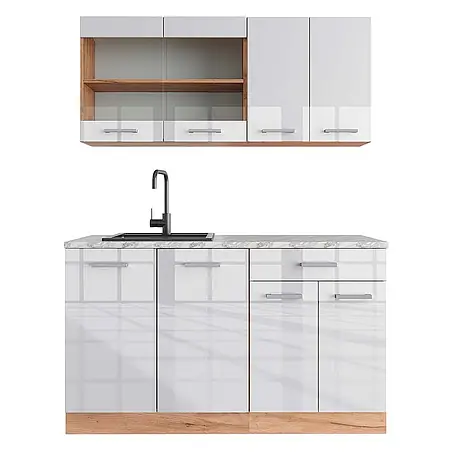 Vicco  Singleküche R-Line Weiß Hochglanz/Goldkraft Eiche, AP Marmor