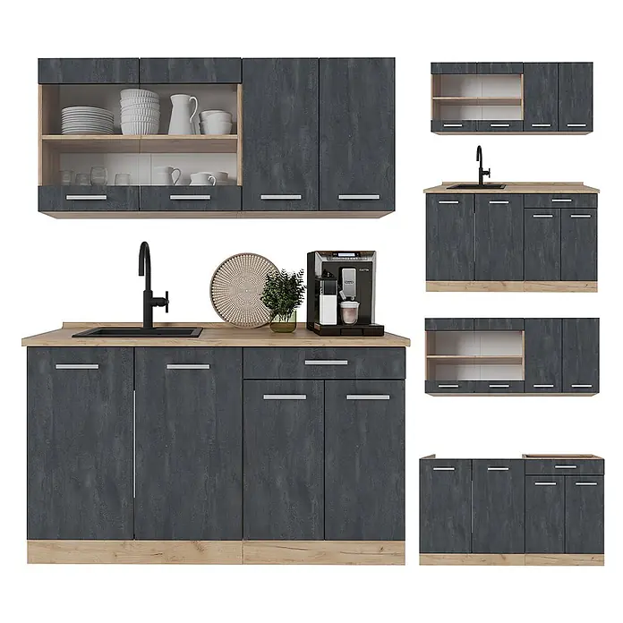 Vicco Singleküche R-Line Schwarz Beton/Goldkraft Eiche AP Marmor - Breite: 140 cm, Schwarz Beton, Mit AP Marmor - Dunkelgraue Küche in Betonoptik mit hellen Holzplatten und Sockeln. Modulare Ober- und Unterschränke, inklusive Spülbecken.