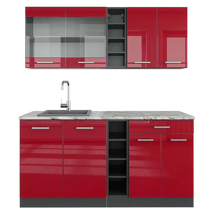 Vicco Singleküche R-Line, Rot Hochglanz/Anthrazit, 160 cm -  - Modernes Küchenset in Rotglanz mit Ober-/Unterschränken, offenen Regalen, Marmoroptik-Arbeitsplatte, Spüle und silbernen Griffen.