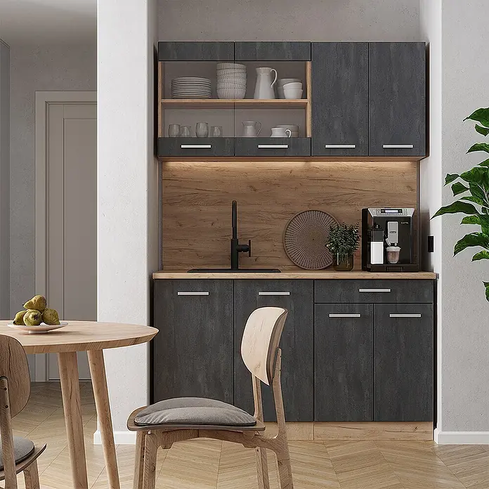 Vicco Singleküche R-Line Schwarz Beton/Goldkraft Eiche AP Marmor - Breite: 140 cm, Schwarz Beton, Mit AP Marmor - Moderne Küche mit dunkelgrauen Schränken, Holztheke und Rückwand. Mit Spüle, Kaffeemaschine und Essbereich.