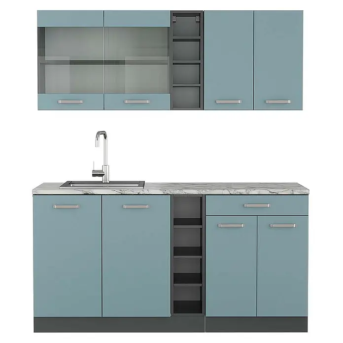 Vicco Singleküche R-Line Blau-Grau/Anthrazit, AP Marmor - Breite: 160 cm, Blau-Grau, Mit AP Marmor - Hellblaues Küchenschrank-Set mit Marmoroptik-Arbeitsplatte und Spüle.