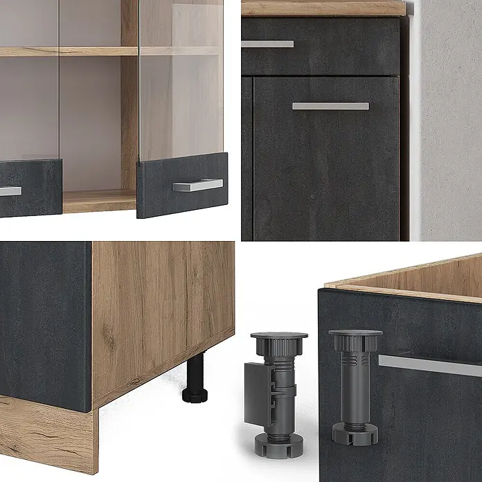 Vicco Singleküche R-Line Schwarz Beton/Goldkraft Eiche AP Marmor - Breite: 140 cm, Schwarz Beton, Mit AP Marmor - Modulares Schrankelement in Dunkelgrau (Betonoptik) und heller Holzoptik mit Metallgriffen, Glasfronten und verstellbaren Nivellierfüßen.