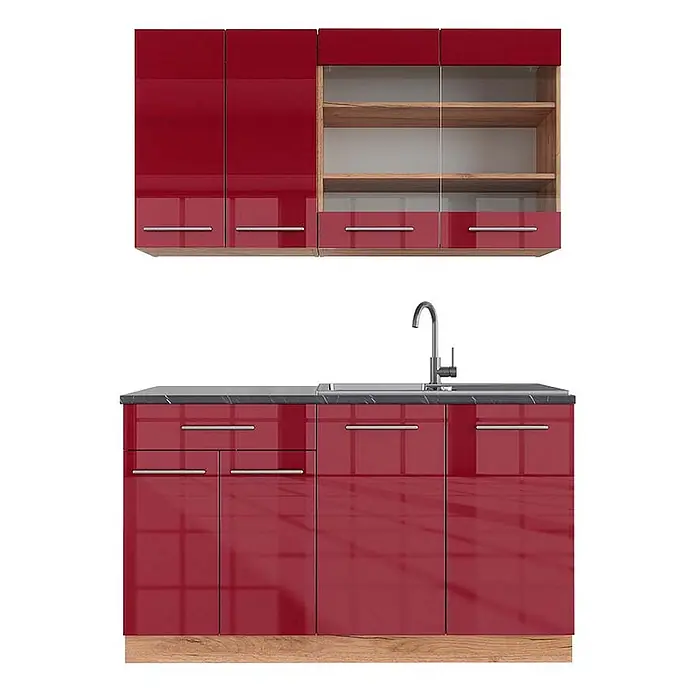 Vicco Singleküche Fame-Line, Bordeaux Hochglanz/Goldkraft Eiche, 140 cm -  - Rote Hochglanz-Küchenschränke mit dunkler Arbeitsplatte, Spüle und silbernen Griffen. Oberschränke haben Glastüren und Holzregale.