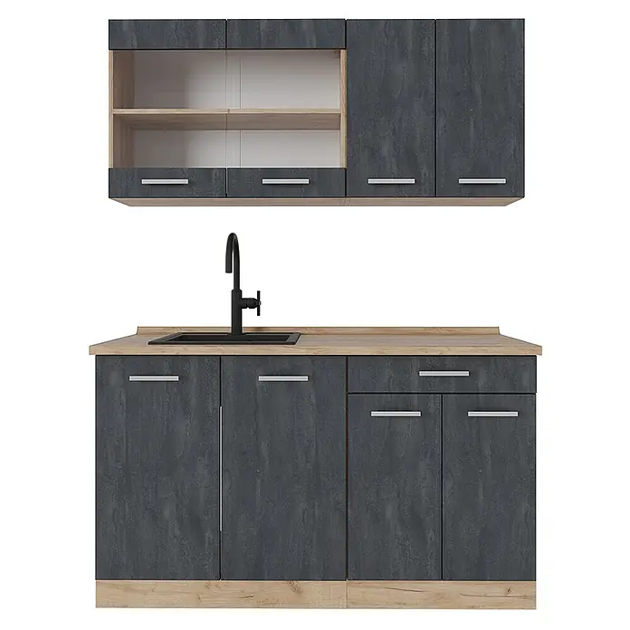 Vicco Singleküche R-Line Schwarz Beton/Goldkraft Eiche AP Eiche - Breite: 140 cm, Schwarz Beton, Mit AP Eiche - Moderne Küchenzeile mit dunkelgrauen Fronten, heller Holz-Arbeitsplatte und Sockel, dazu schwarzes Spülbecken und Wasserhahn.