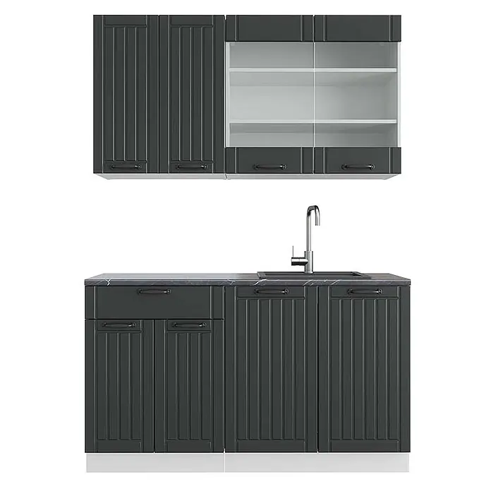 Vicco Singleküche Fame-Line Anthrazit Landhaus/Weiß, AP Anthrazit - Breite: 140 cm, Dunkelgrau, Mit AP Anthrazit - Dunkelgraue Küchenschrank-Garnitur mit vertikaler Paneelierung, Oberschränke, teils mit Glastüren, Unterschränke mit Spüle und Arbeitsplatte.