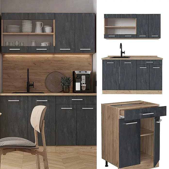 Vicco Singleküche R-Line Schwarz Beton/Goldkraft Eiche AP Marmor - Breite: 140 cm, Schwarz Beton, Mit AP Marmor - Modulare Küchenschrank-Set mit dunkelgrauen Fronten, Holz-Effekt Korpus und silbernen Griffen. Besteht aus Ober- und Unterschränken.