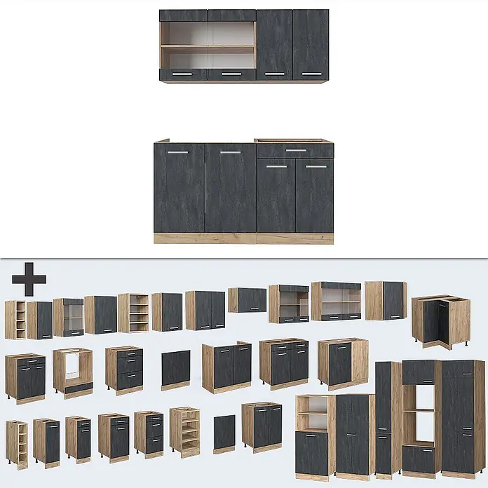 Vicco Singleküche R-Line Schwarz Beton/Goldkraft Eiche AP Marmor - Breite: 140 cm, Schwarz Beton, Mit AP Marmor - Modulare Küchenschränke in Dunkelgrau und heller Holzoptik, bestehend aus Ober- und Unterschränken.