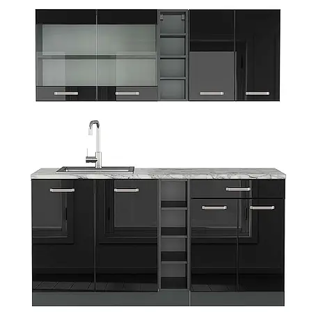 Vicco  Singleküche R-Line Schwarz Hochglanz/Anthrazit, AP Marmor