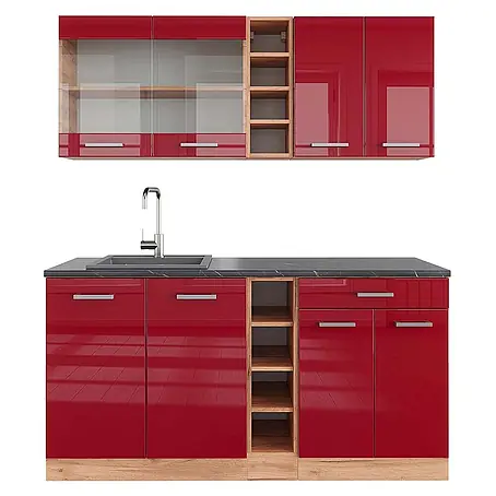 Vicco Singleküche R-Line, Rot Hochglanz/Goldkraft Eiche, 160 cm