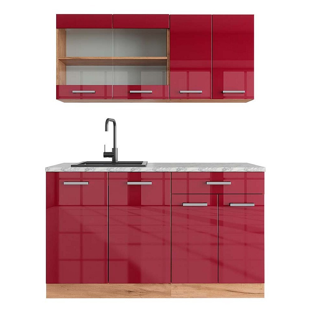 Vicco Singleküche R-Line Rot Hochglanz/Goldkraft Eiche, AP Marmor ...