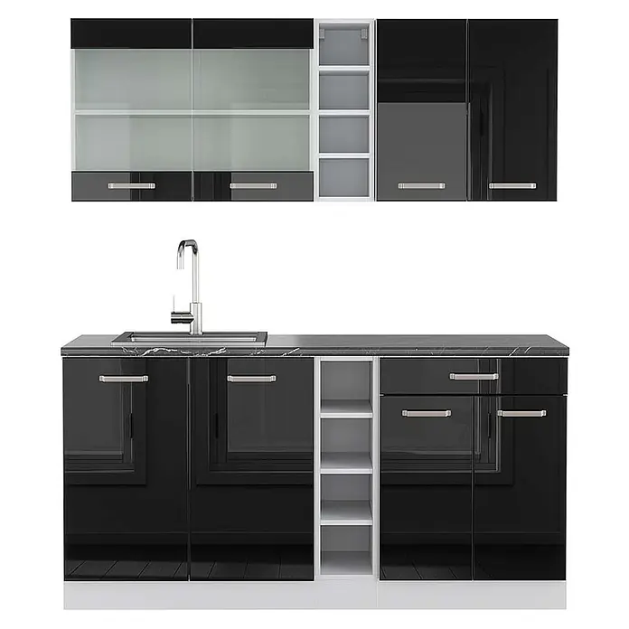 Vicco Singleküche R-Line Schwarz Hochglanz/Weiß, AP Anthrazit - Schwarz Hochglanz, Mit AP Anthrazit - Modernes schwarz-weißes Küchenschrank-Set mit Hochglanzoberflächen, dunkler Marmor-Arbeitsplatte, integrierter Spüle und Chromgriffen.