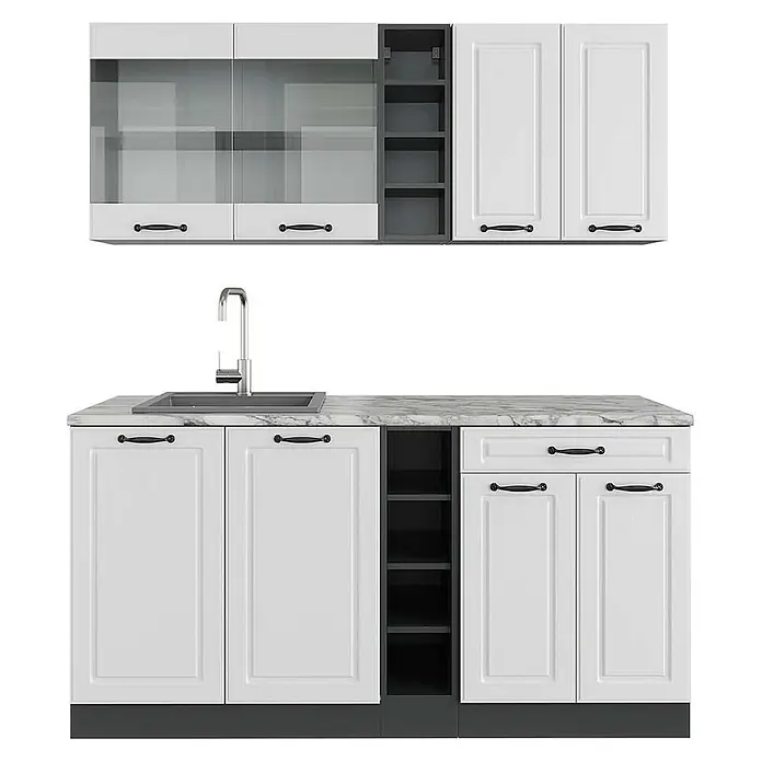 Vicco Singleküche R-Line Weiß Landhaus/Anthrazit, AP Marmor - Breite: 160 cm, Weiß Landhaus, Mit AP Marmor - Weißes Küchenschrank-Set mit schwarzen Griffen, Marmorarbeitsplatte, Spüle und dunkelgrauen offenen Regalen.