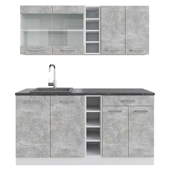 Vicco Singleküche R-Line Beton/Weiß, AP Anthrazit - Breite: 160 cm, Beton, Mit AP Anthrazit - Modernes Küchenschrankset in Betonoptik Grau mit schwarzer Arbeitsplatte, integrierter Spüle und weißen Regalen.