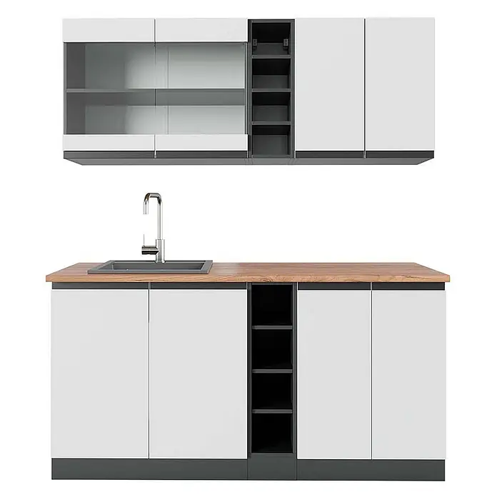 Vicco Singleküche R-Line Weiß/Anthrazit J-Shape, AP Eiche - Breite: 160 cm, Weiß, Mit AP Eiche - Moderne Küchenzeile mit weißen und grauen Schränken, Holz-Arbeitsplatte und integriertem Spülbecken.