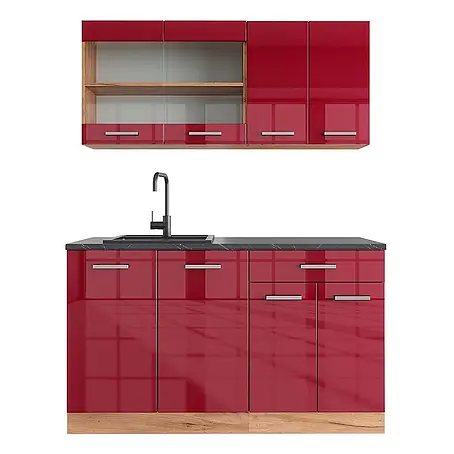 Vicco  Singleküche R-Line Rot Hochglanz/Goldkraft Eiche, AP Anthrazit