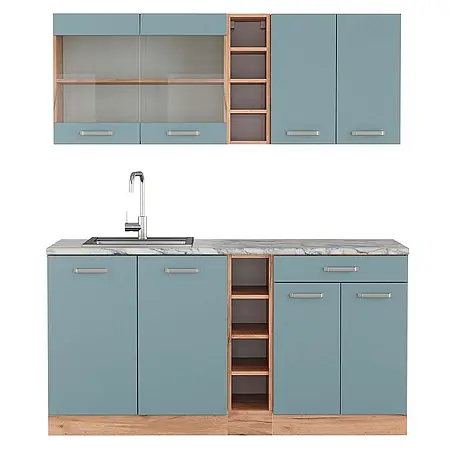 Vicco  Singleküche R-Line Blau-Grau/Goldkraft Eiche, AP Marmor