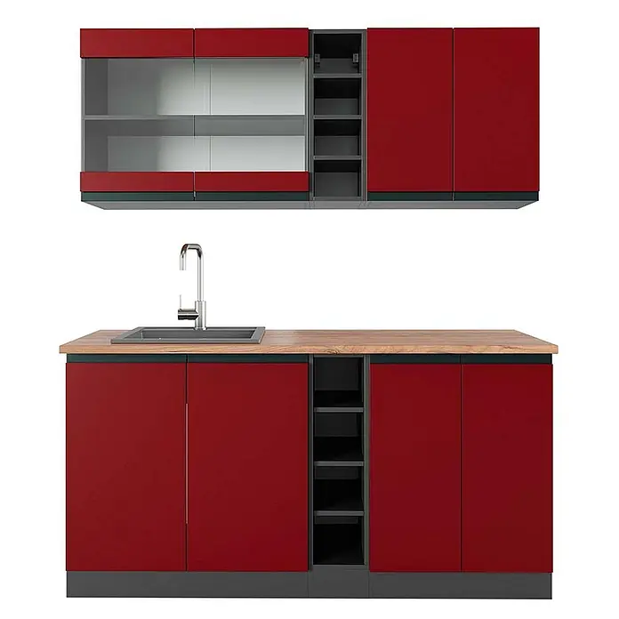 Vicco Singleküche R-Line Rot/Anthrazit J-Shape, AP Eiche - Breite: 160 cm, Rot, Mit AP Eiche - Rote Küchenschränke mit Holzplatte und Spüle, teils mit Glasfronten, und dunkelgrauen Regalen.