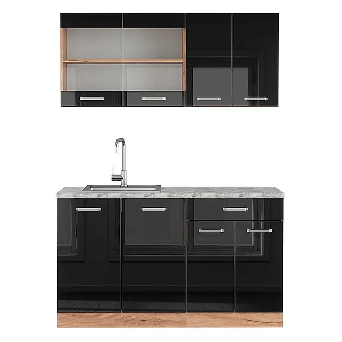 Vicco Singleküche R-Line Schwarz Hochglanz/Goldkraft Eiche, AP Marmor - Schwarz Hochglanz, Mit AP Marmor - Glänzende schwarze Küchenzeile mit heller Marmor-Arbeitsplatte, Spüle und Holzsockel. Oberschränke mit Glastüren.