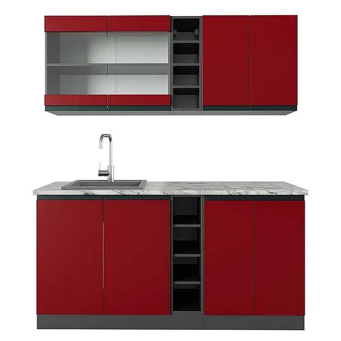 Vicco Singleküche R-Line Rot/Anthrazit J-Shape, AP Marmor - Breite: 160 cm, Rot, Mit AP Marmor - Moderne rote Küchenschränke mit Marmorarbeitsplatte, integrierter Spüle und offenen Regalen.
