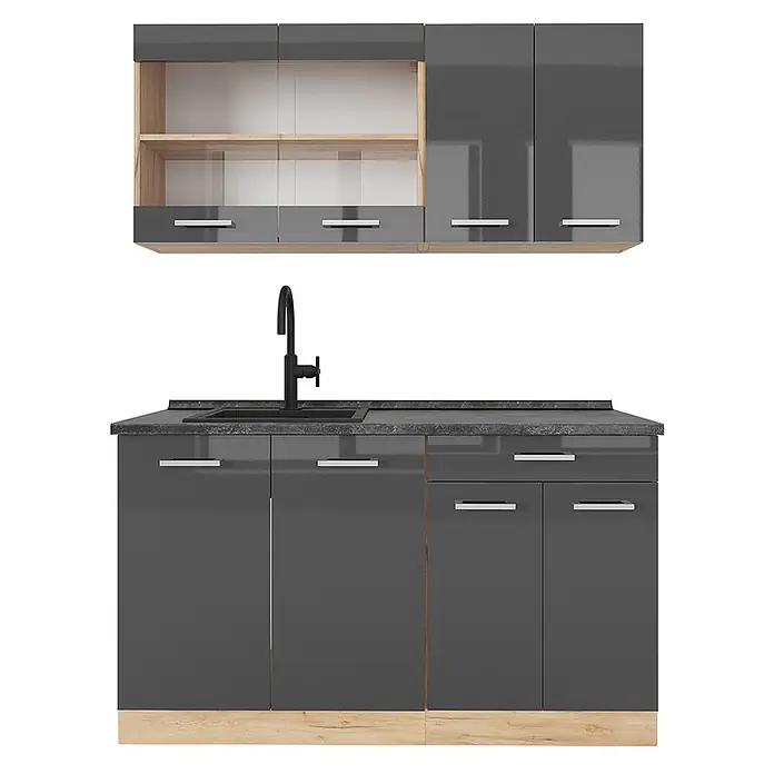 Vicco Singleküche R-Line, Anthrazit Hochglanz/Goldkraft Eiche, 140 cm -  - Glänzende dunkelgraue modulare Küchenschränke mit hellen Holzdetails, schwarzer Spüle, Armatur und silbernen Griffen.
