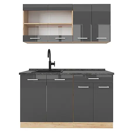 Vicco Singleküche R-Line, Anthrazit Hochglanz/Goldkraft Eiche, 140 cm