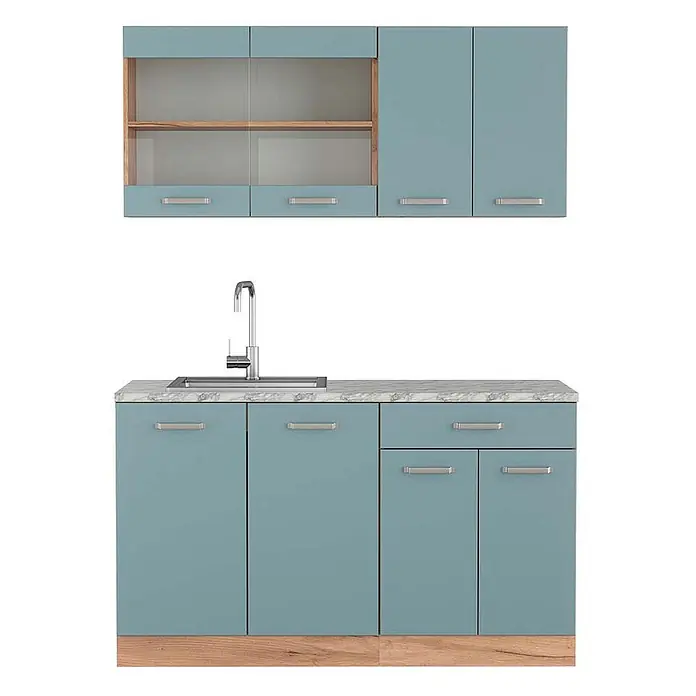 Vicco Singleküche R-Line Blau-Grau/Goldkraft Eiche, AP Marmor - Breite: 140 cm, Blau-Grau, Mit AP Marmor - Blaugrüne Küchenschrankkombination mit marmorierter Arbeitsplatte, Spüle und silbernen Griffen, mit Glastüren.