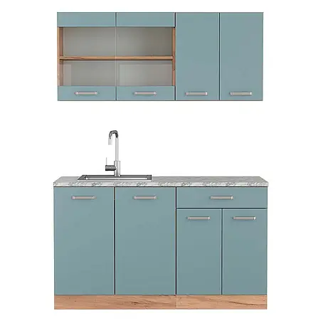 Vicco  Singleküche R-Line Blau-Grau/Goldkraft Eiche, AP Marmor