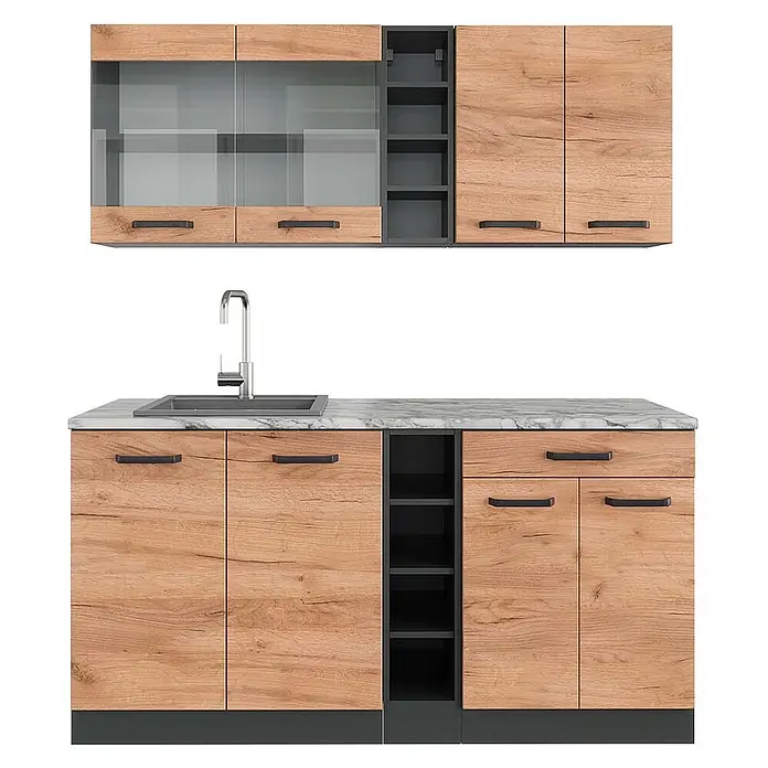Vicco Singleküche R-Line Goldkraft Eiche/Anthrazit, AP Marmor - Breite: 160 cm, Goldkraft Eiche, Mit AP Marmor - Moderne Küchenschränke mit heller Holzoptik, dunkelgrauen Elementen, Marmor-Arbeitsplatte und integrierter Spüle mit Armatur.