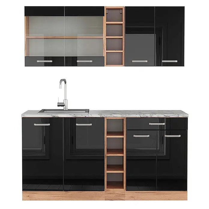 Vicco Singleküche R-Line Schwarz Hochglanz/Goldkraft Eiche, AP Marmor - Breite: 160 cm, Schwarz Hochglanz, Mit AP Marmor - Moderne schwarze Hochglanz-Küchenschränke mit Holz-Akzenten, Arbeitsplatte in Marmoroptik und integrierter Spüle.