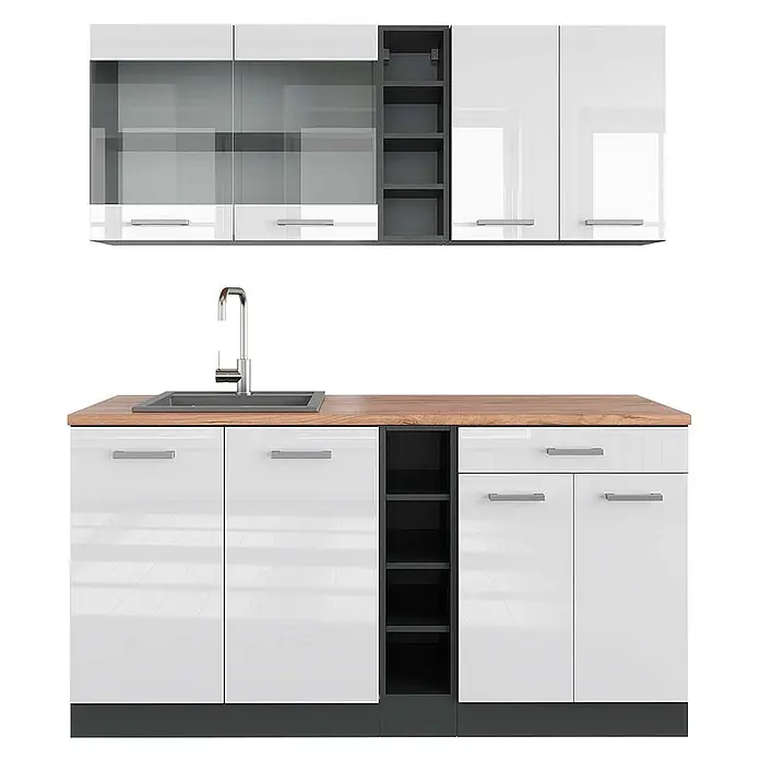 Vicco Singleküche R-Line Weiß Hochglanz/Anthrazit, AP Eiche - Breite: 160 cm, Weiß Hochglanz, Mit AP Eiche - Weiße Hochglanz-Küchenzeile mit Glasschränken, Holzplatte, Spüle und offenen Regalen.