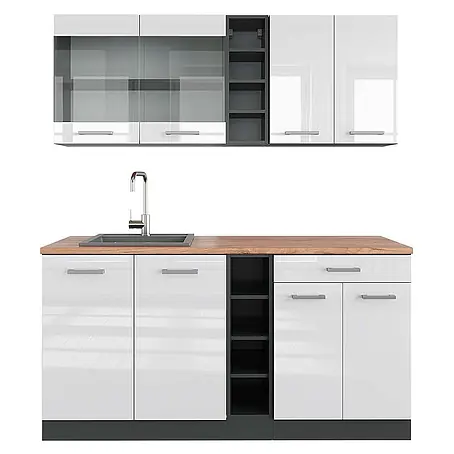 Vicco  Singleküche R-Line Weiß Hochglanz/Anthrazit, AP Eiche